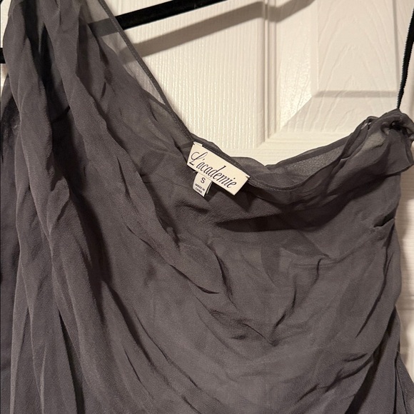 L'Academie One-Shoulder Sheer Scarf Neck Top in Charcoal - Picture 6 of 6